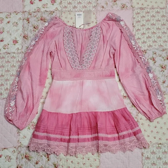 Loveshackfancy Chelie dress pink Zinnia embroidered fairy floral eyelet trims 4
